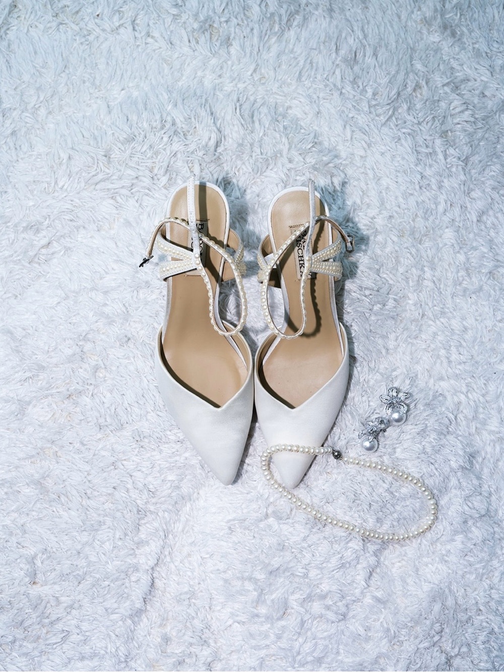 Badgley Mischka Ivory Pointed Toe Pearl-Strap Slingback Heels
